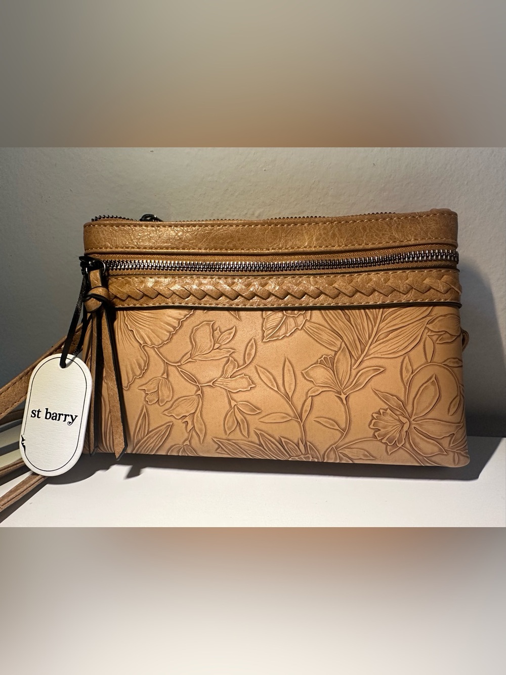 St. Barry Tan Floral Embossed Leather Wristlet